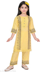 Cotton blend Girls Kurta & Pyjama Dress Set (Pack of 1), printed with vibrant Indian motifs, suitable for casual occasions